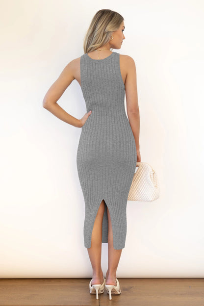 Slit Ribbed Round Neck Sleeveless Dress - Heritage Couture  