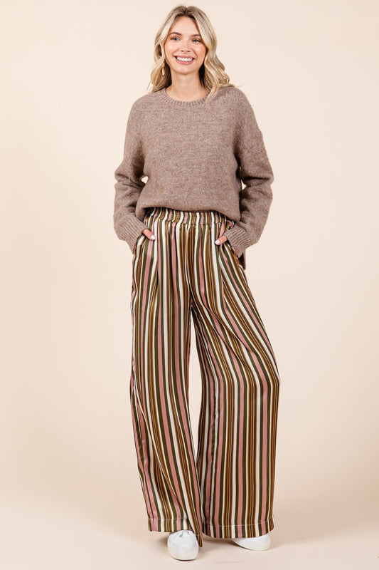 Mittoshop Striped Satin Elastic Waist Wide Leg Pants - Heritage Couture  