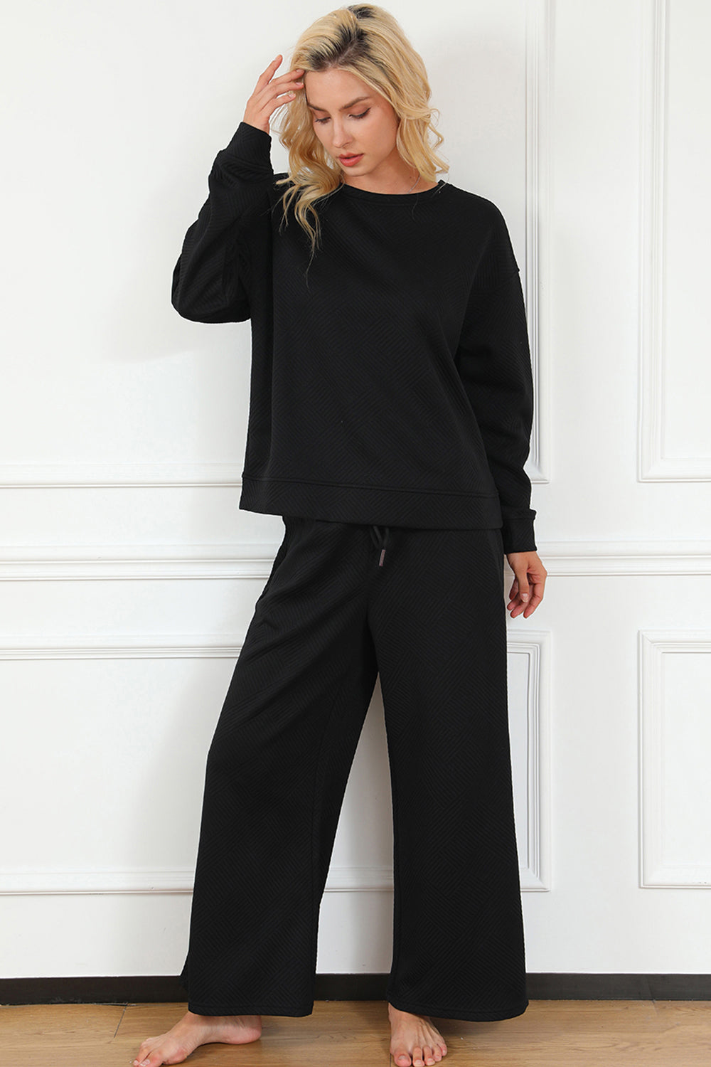 Double Take Full Size Textured Long Sleeve Top and Drawstring Pants Set - Heritage Couture  