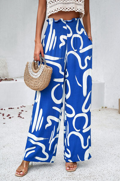Devine Smocked Printed Wide Leg Pants with Pockets - Heritage Couture  