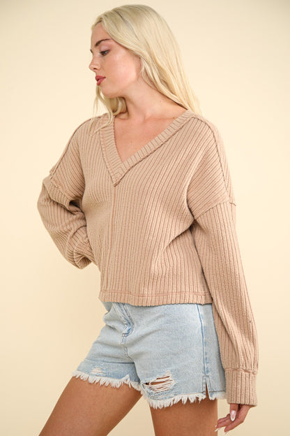 VERY J Exposed Seam V-Neck Ribbed Knit Top - Heritage Couture  