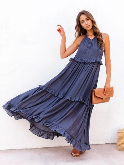 Ruffled Sleeveless Tiered Maxi Dress with Pockets - Heritage Couture  