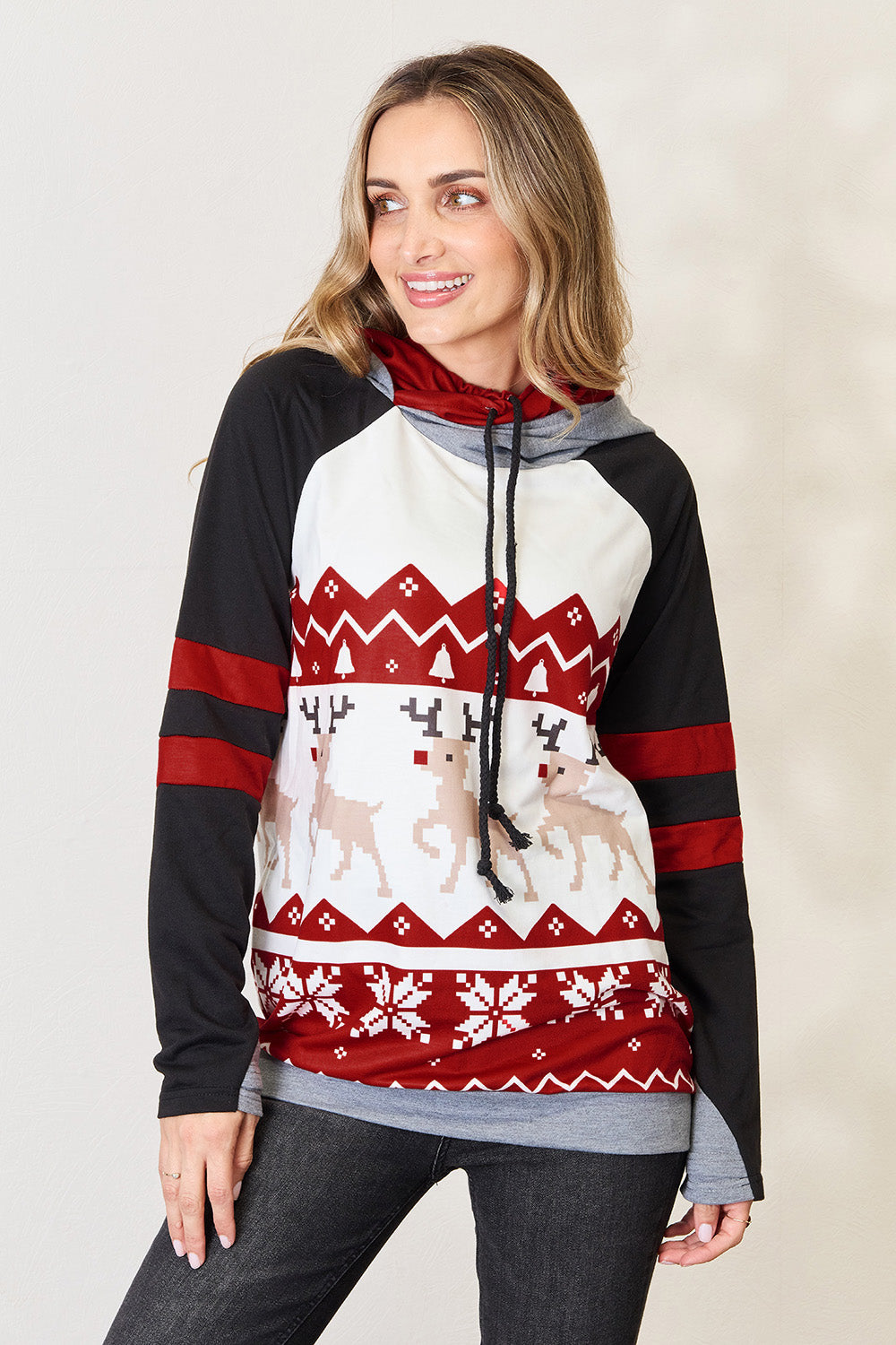 Double Take Full Size Christmas Drawstring Long Sleeve Hoodie - Heritage Couture  
