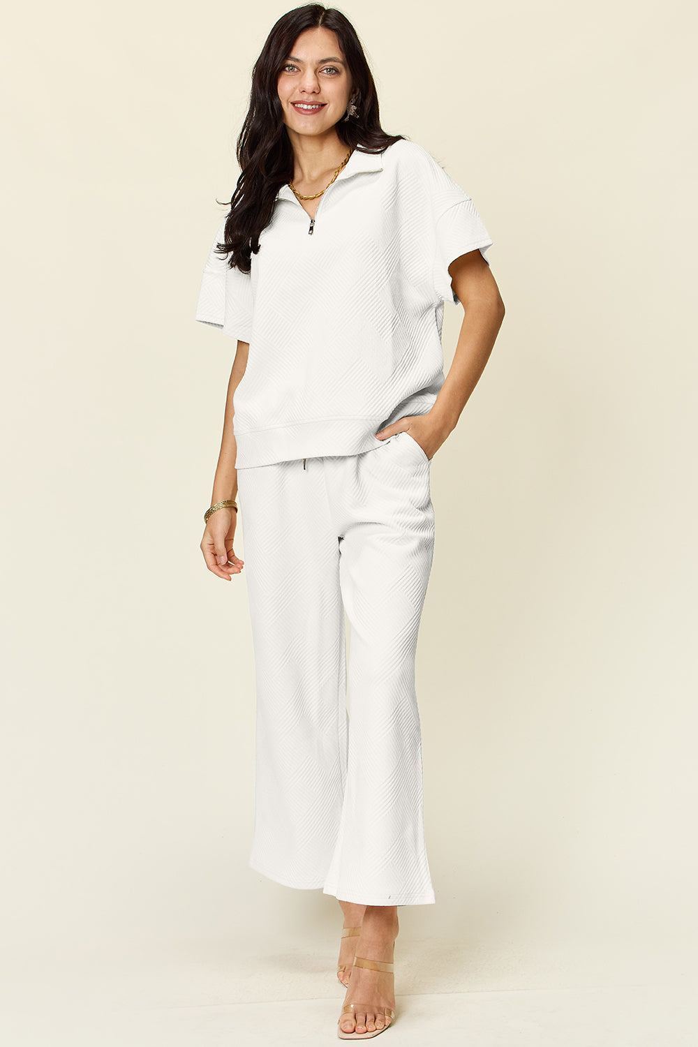 Double Take Full Size Texture Half Zip Short Sleeve Top and Pants Set - Heritage Couture  
