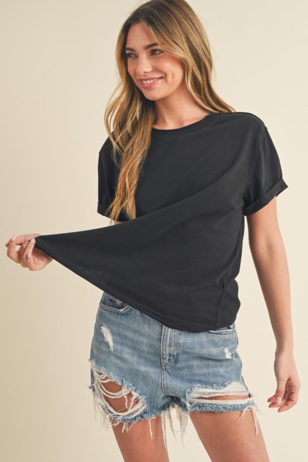 Aemi + Co Exposed Seam Round Neck Short Sleeve T-Shirt - Heritage Couture  