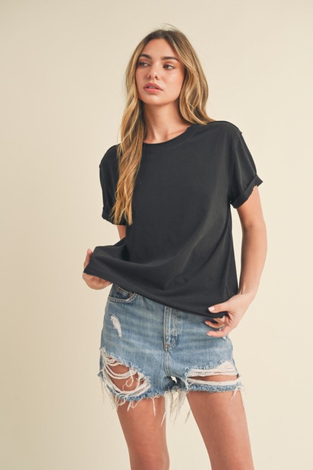 Aemi + Co Exposed Seam Round Neck Short Sleeve T-Shirt - Heritage Couture  