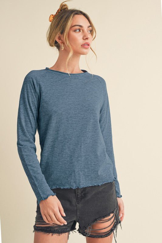 Aemi + Co Lettuce Hemline Round Neck Raglan Sleeve T-Shirt - Heritage Couture  