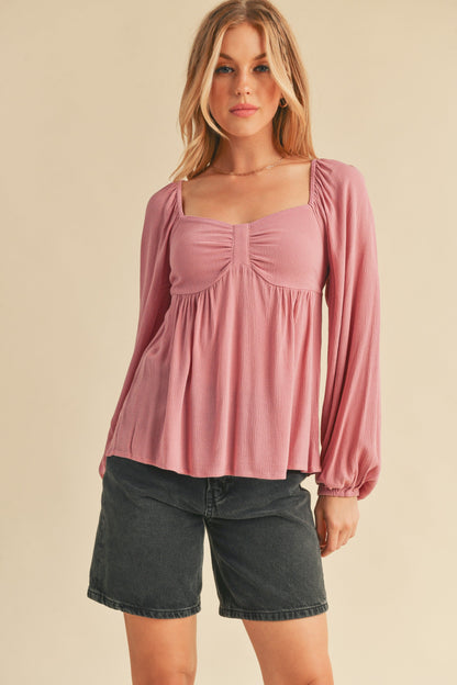 Aemi + Co Ruched Sweetheart Neck Balloon Sleeve Blouse - Heritage Couture  