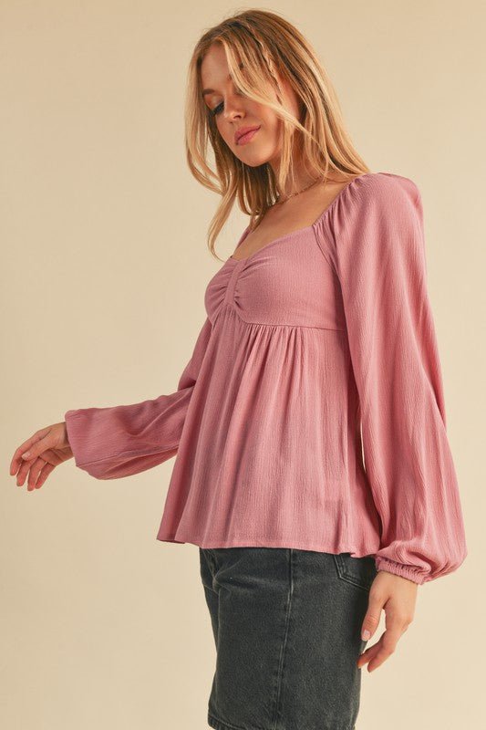 Aemi + Co Ruched Sweetheart Neck Balloon Sleeve Blouse - Heritage Couture  