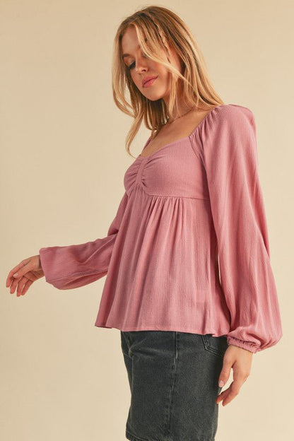 Aemi + Co Ruched Sweetheart Neck Balloon Sleeve Blouse - Heritage Couture  