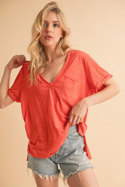 Aemi + Co Side Slit V-Neck Short Rolled Sleeve T-Shirt - Heritage Couture  