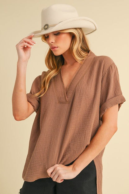 Aemi + Co Side Slit V-Neck Short Sleeve Blouse - Heritage Couture  