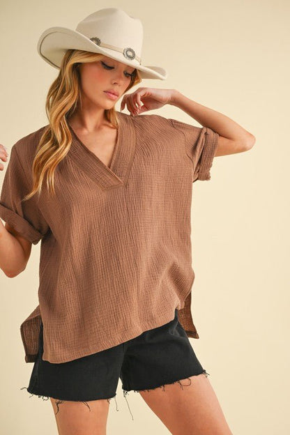 Aemi + Co Side Slit V-Neck Short Sleeve Blouse - Heritage Couture  