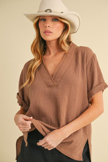 Aemi + Co Side Slit V-Neck Short Sleeve Blouse - Heritage Couture  