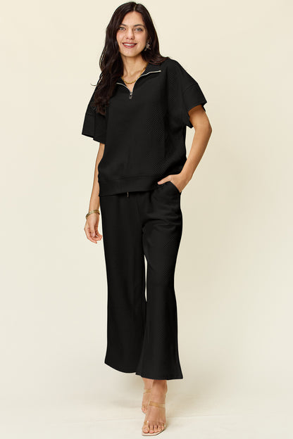 Double Take Full Size Texture Half Zip Short Sleeve Top and Pants Set - Heritage Couture  