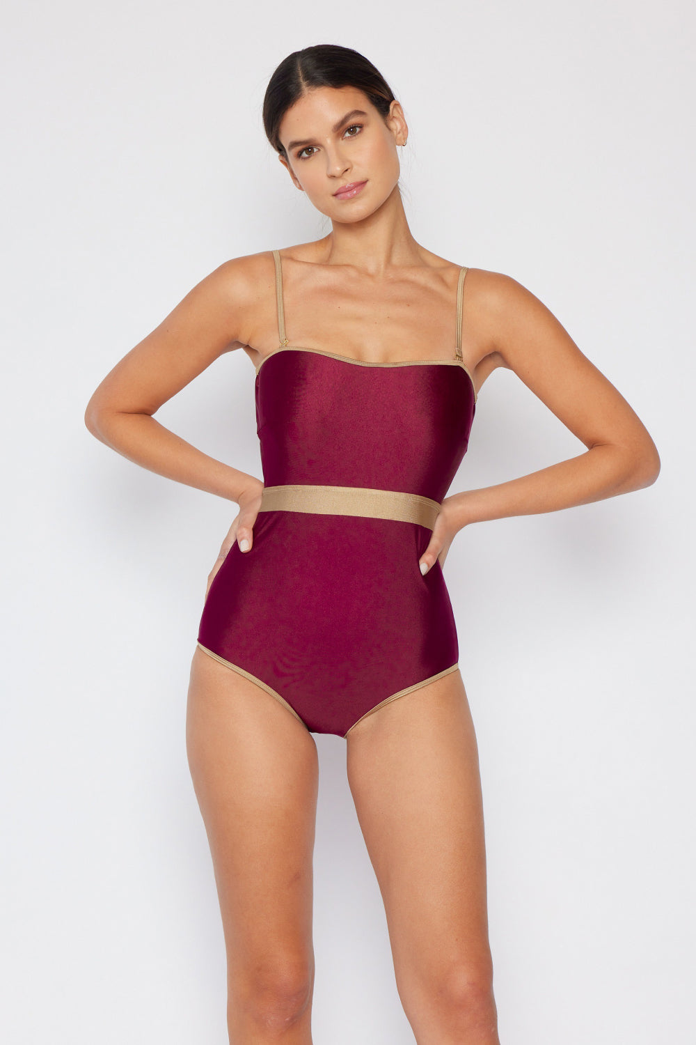 Marina West Swim Wave Break Contrast Trim One-Piece in Wine - Heritage Couture  