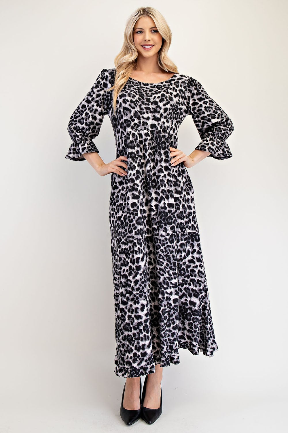 Celeste Full Size Leopard Round Neck Flounce Sleeve Dress - Heritage Couture  