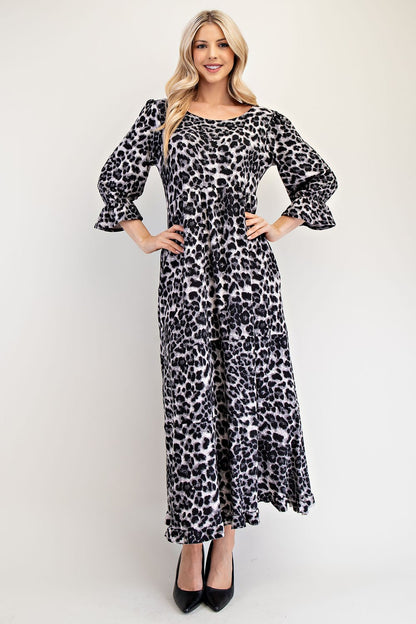 Celeste Full Size Leopard Round Neck Flounce Sleeve Dress - Heritage Couture  