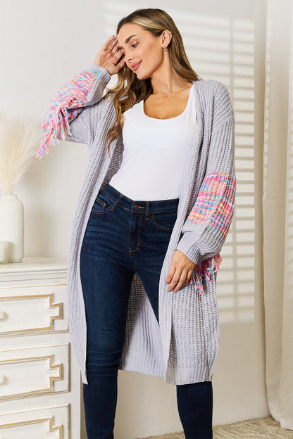 Woven Right Fringe Sleeve Dropped Shoulder Cardigan - Heritage Couture  