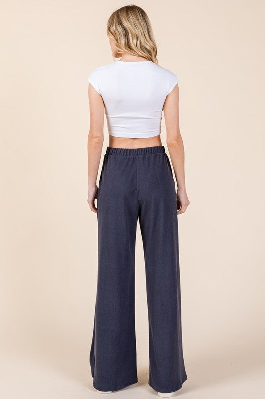BOMBOM Elastic Waist Wide Leg Pants with Pockets - Heritage Couture  