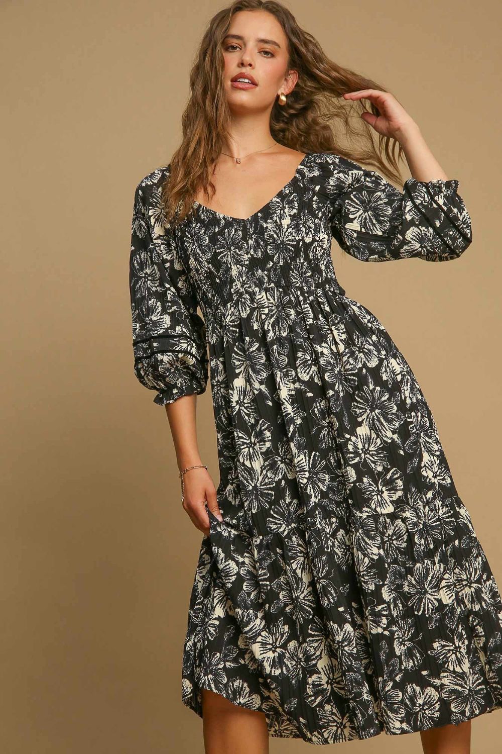 Umgee Ruffle Hem Flower Printed V-Neck Dress - Heritage Couture  