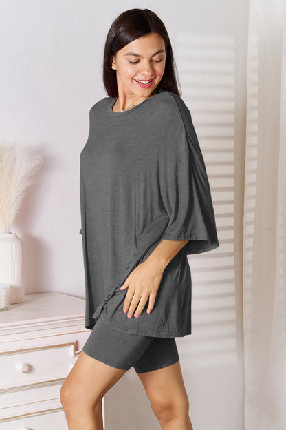 Basic Bae Full Size Soft Rayon Three-Quarter Sleeve Top and Shorts Set - Heritage Couture  