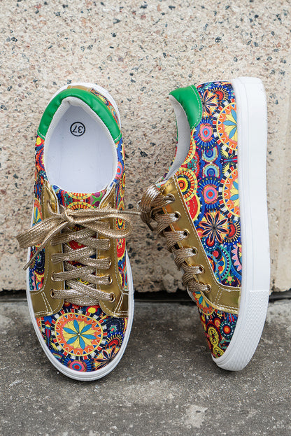 Gold Boho Geometric print Lace Up Sneakers - Heritage Couture  