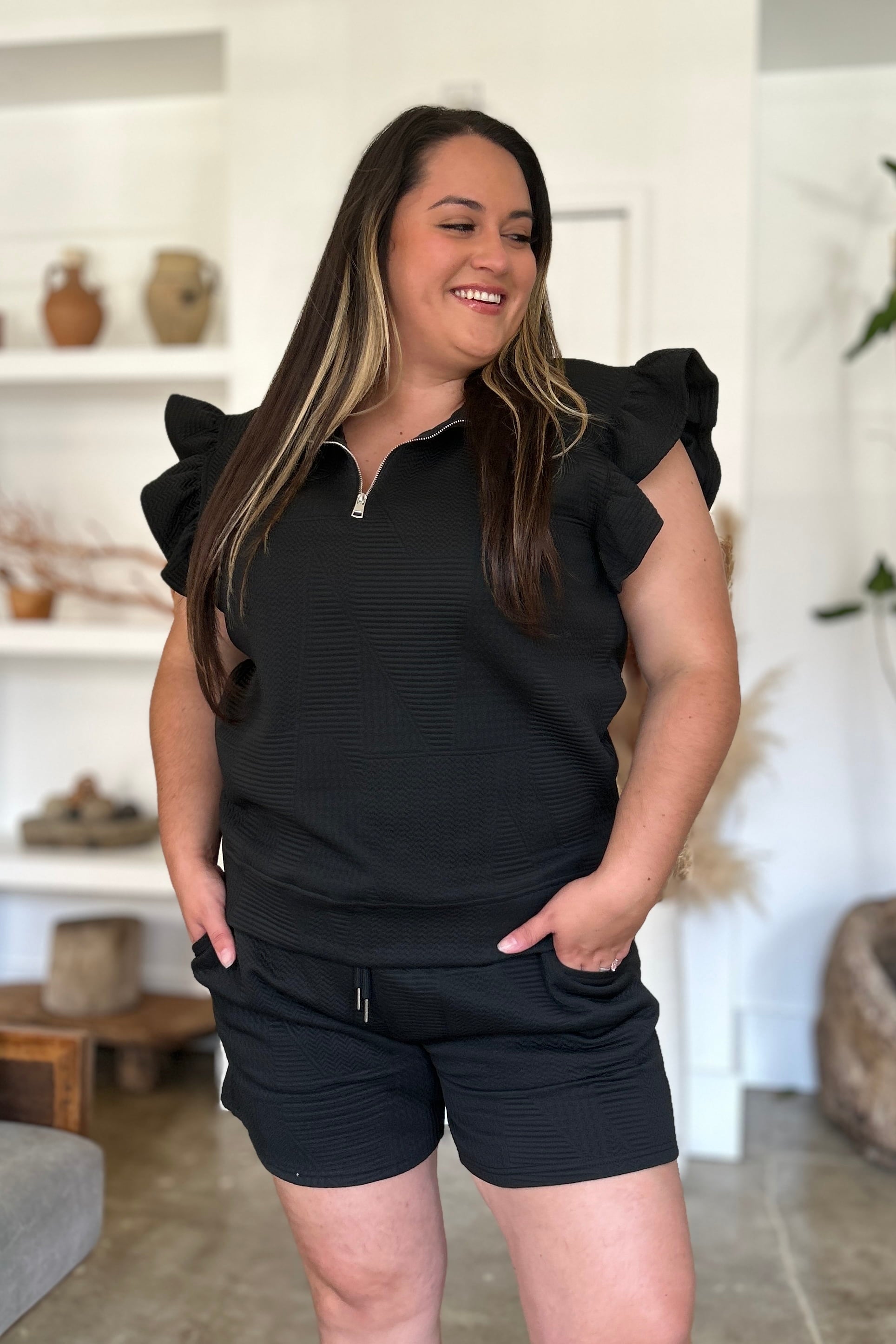 Double Take Full Size Texture Flounce Sleeve Top and Shorts Set - Heritage Couture  