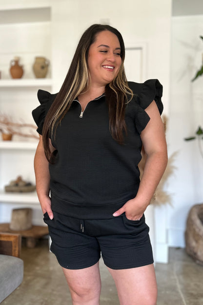 Double Take Full Size Texture Flounce Sleeve Top and Shorts Set - Heritage Couture  