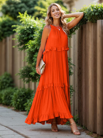 Ruffled Sleeveless Tiered Maxi Dress with Pockets - Heritage Couture  