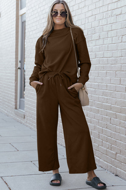 Double Take Full Size Textured Long Sleeve Top and Drawstring Pants Set - Heritage Couture  