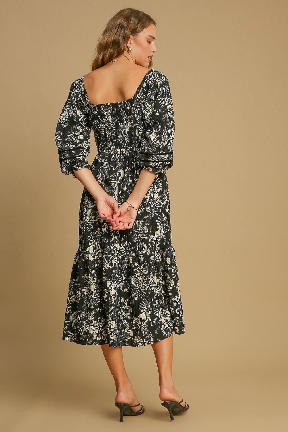 Umgee Ruffle Hem Flower Printed V-Neck Dress - Heritage Couture  