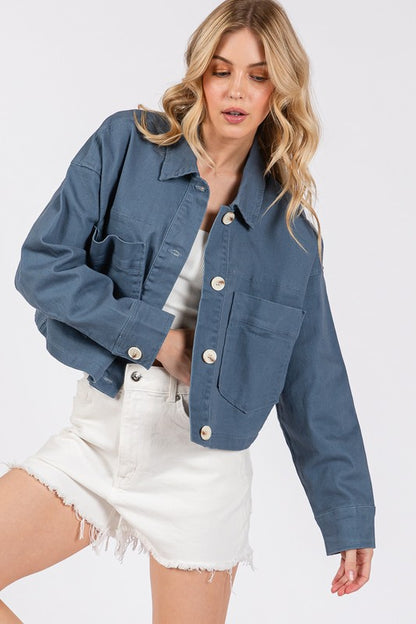 bytos Button Down Cropped Denim Jacket with Patch Pockets - Heritage Couture  