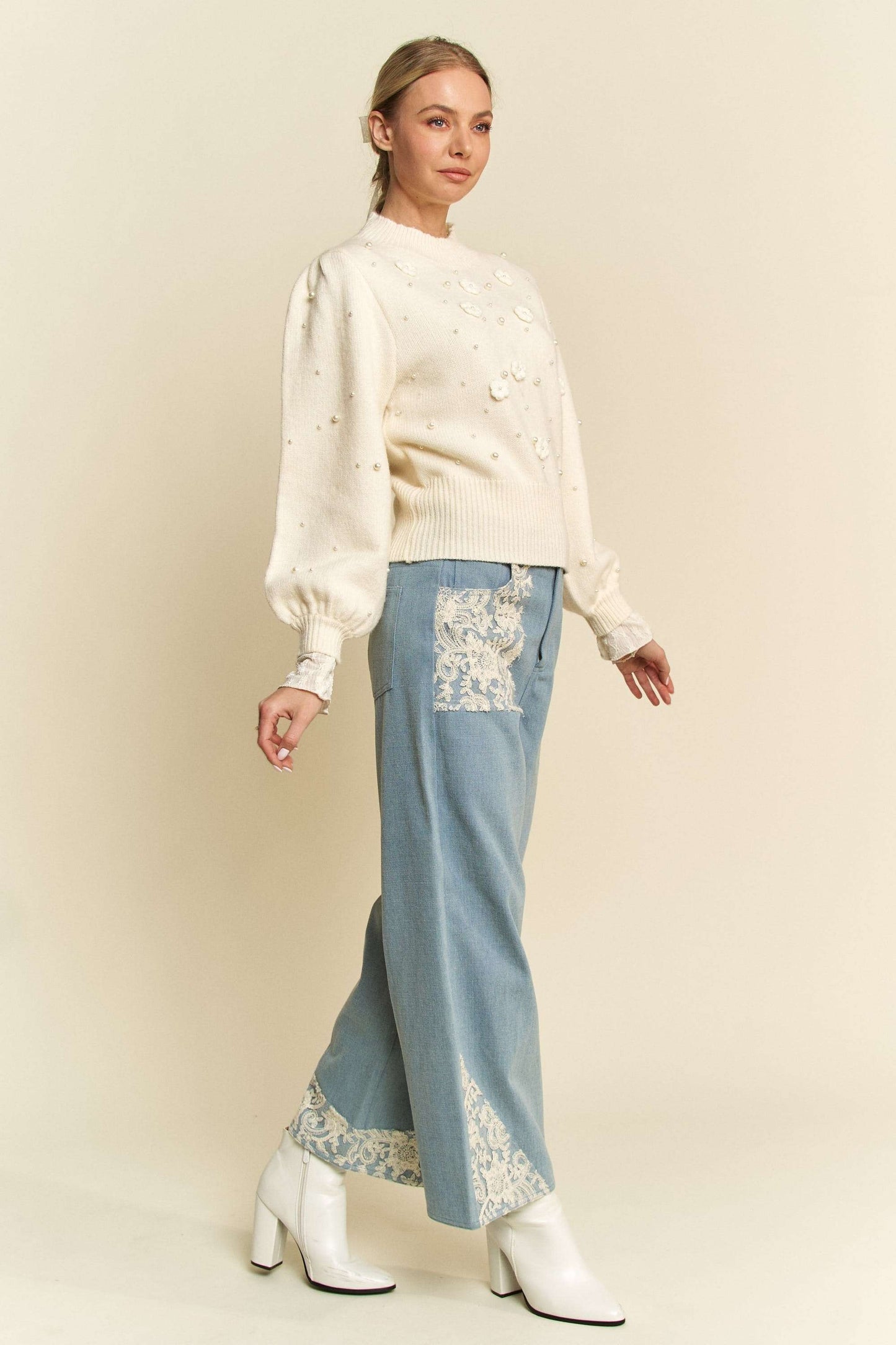 Davi & Dani Lace Applique Wide Leg Jeans - Heritage Couture  