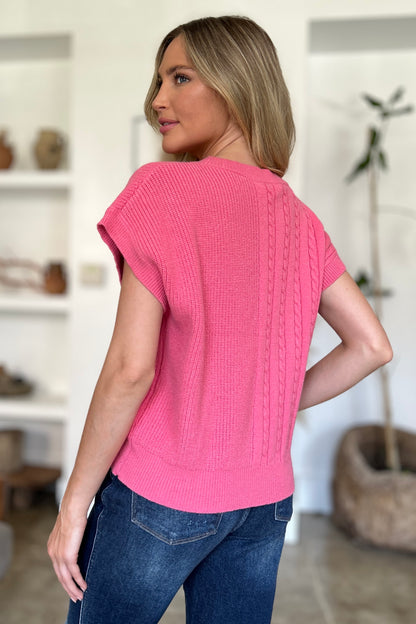 Double Take Full Size Cable-Knit Round Neck Short Sleeve Sweater - Heritage Couture  