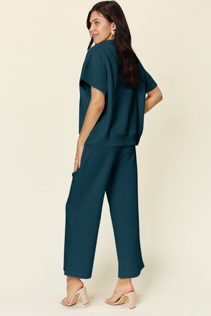 Double Take Full Size Texture Half Zip Short Sleeve Top and Pants Set - Heritage Couture  