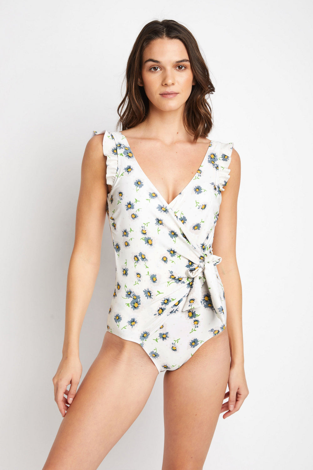 Marina West Swim Float On Ruffle Faux Wrap One-Piece in Daisy Cream - Heritage Couture  