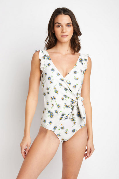 Marina West Swim Float On Ruffle Faux Wrap One-Piece in Daisy Cream - Heritage Couture  