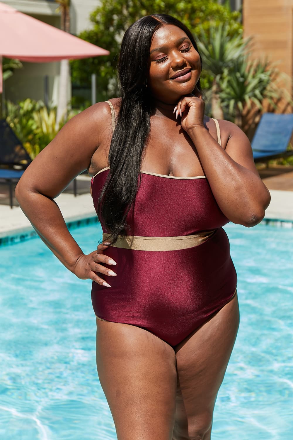 Marina West Swim Wave Break Contrast Trim One-Piece in Wine - Heritage Couture  