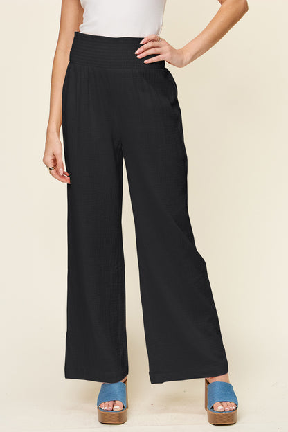 Double Take Full Size Texture Smocked Waist Wide Leg Pants - Heritage Couture  