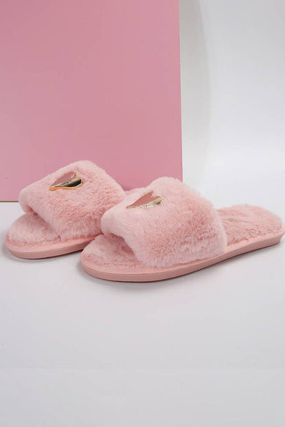 Black Heart Open Toe Plush Slippers - Heritage Couture  