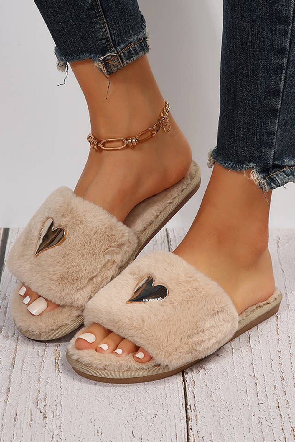 Black Heart Open Toe Plush Slippers - Heritage Couture  