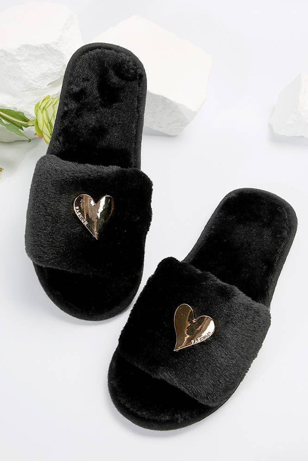 Black Heart Open Toe Plush Slippers - Heritage Couture  