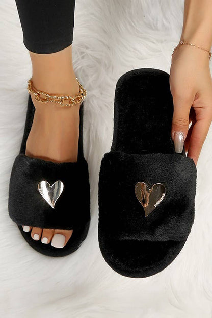 Black Heart Open Toe Plush Slippers - Heritage Couture  
