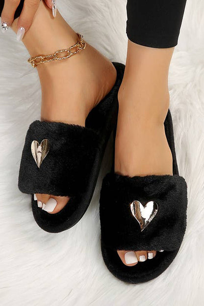 Black Heart Open Toe Plush Slippers - Heritage Couture  