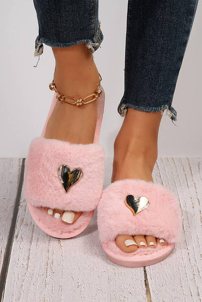 Black Heart Open Toe Plush Slippers - Heritage Couture  