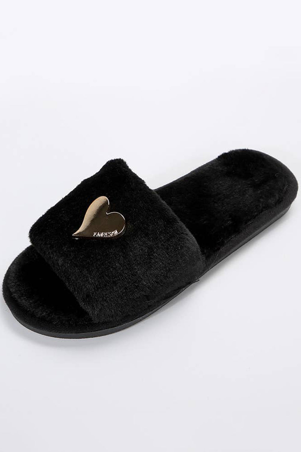 Black Heart Open Toe Plush Slippers - Heritage Couture  