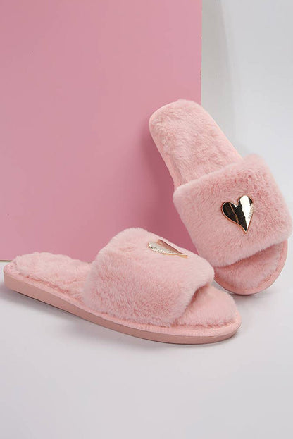 Black Heart Open Toe Plush Slippers - Heritage Couture  