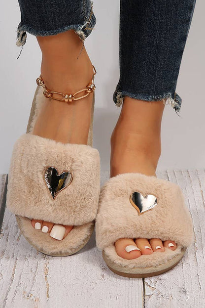 Black Heart Open Toe Plush Slippers - Heritage Couture  