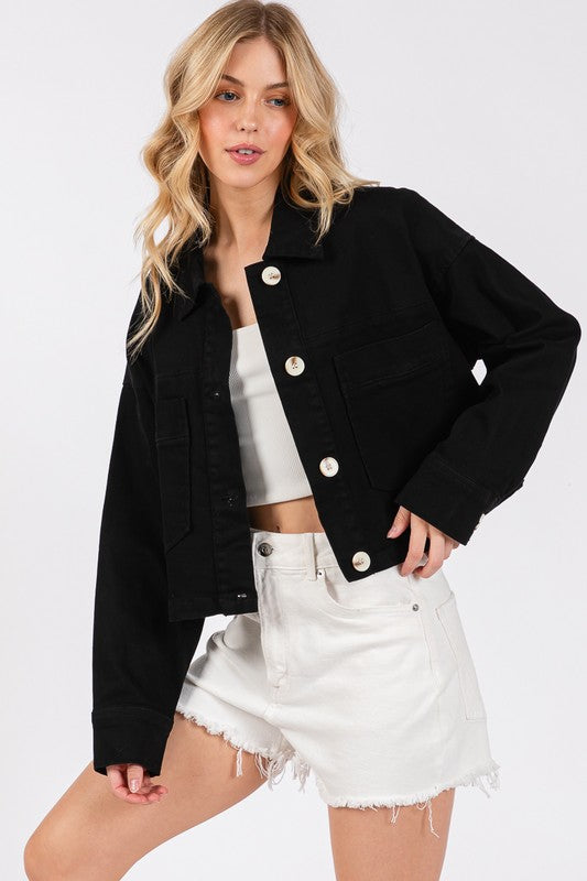 bytos Button Down Cropped Denim Jacket with Patch Pockets - Heritage Couture  